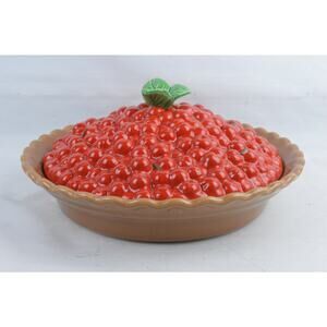 Treasure Craft Cherry Pie Keeper Dish w Lid Red Ceramic 13" Vintage